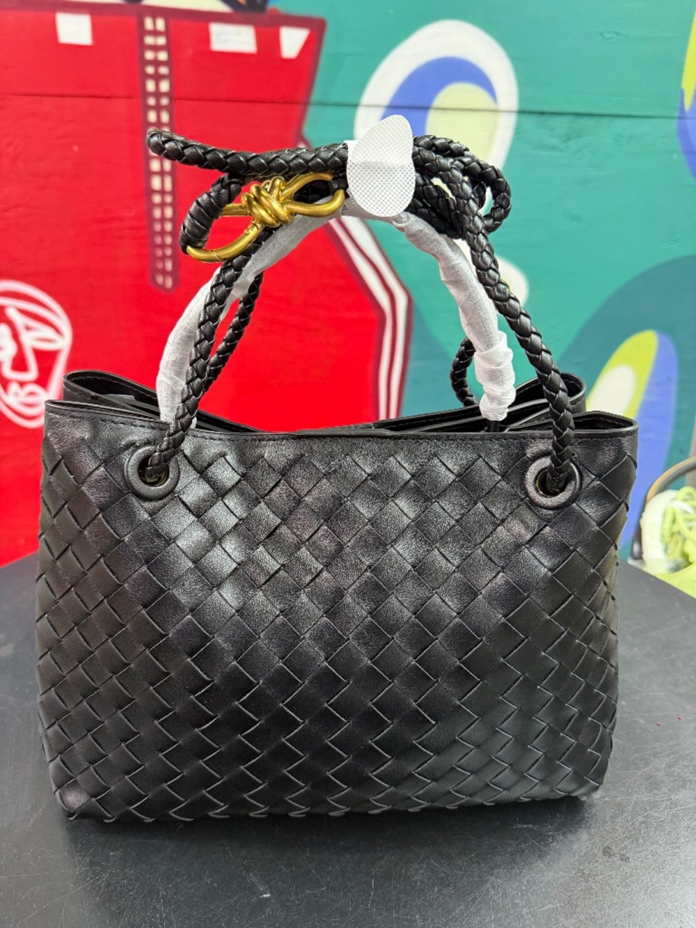 Black Woven Handbag with Braided Shoulder Strap